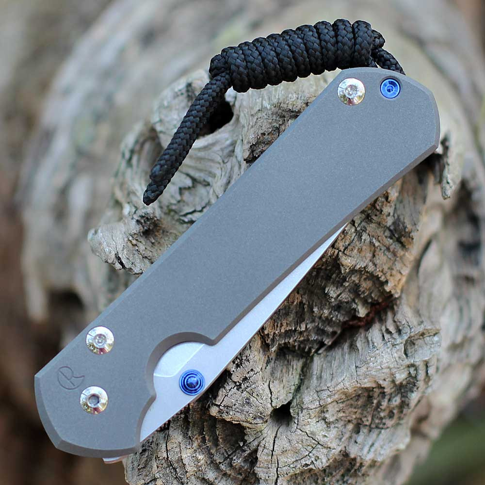 Chris Reeve Small Sebenza 31 Tanto close-up of blue thumb lug and sandblasted titanium handle.