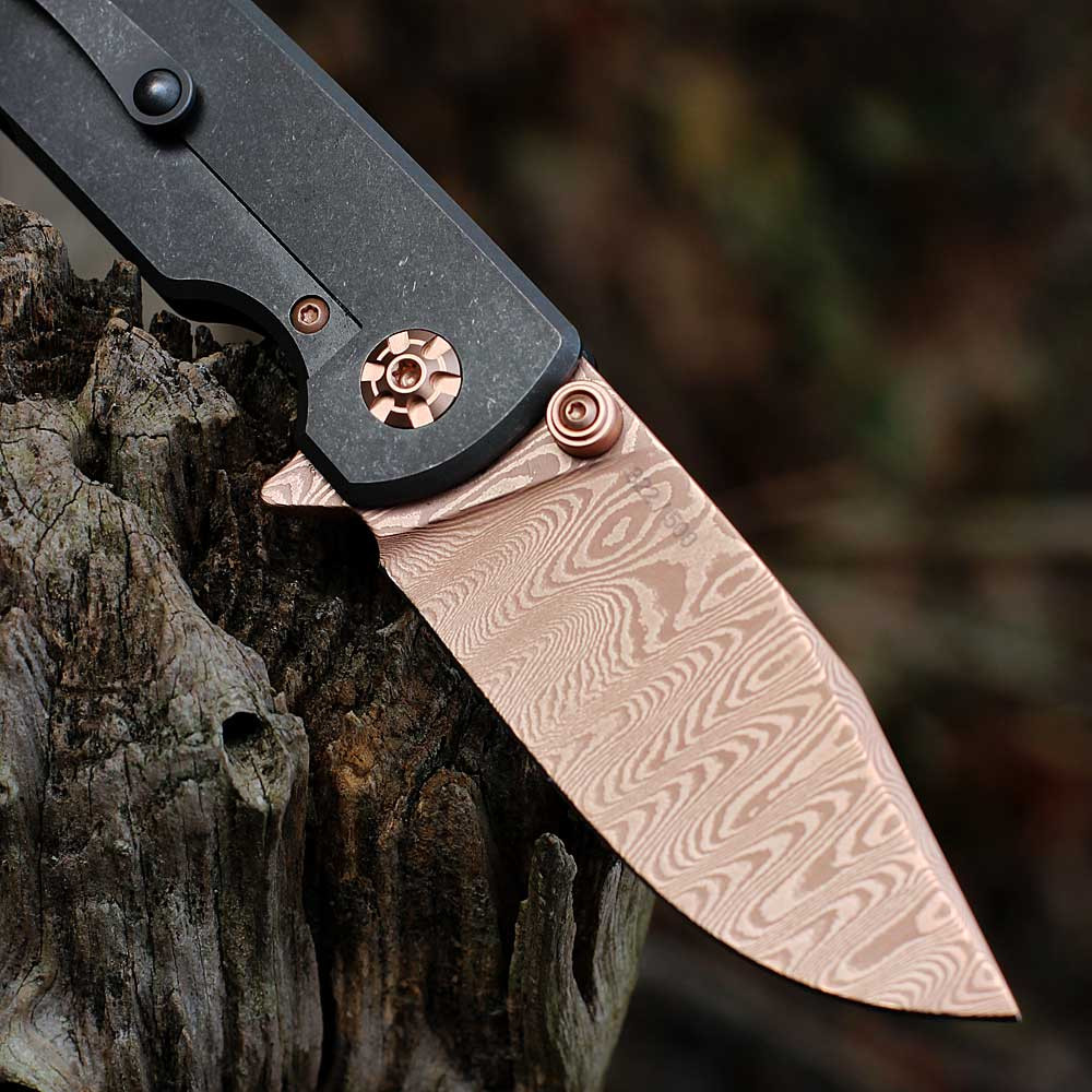 Chad Nichols Rose Gold Damascus blade tank steel close up