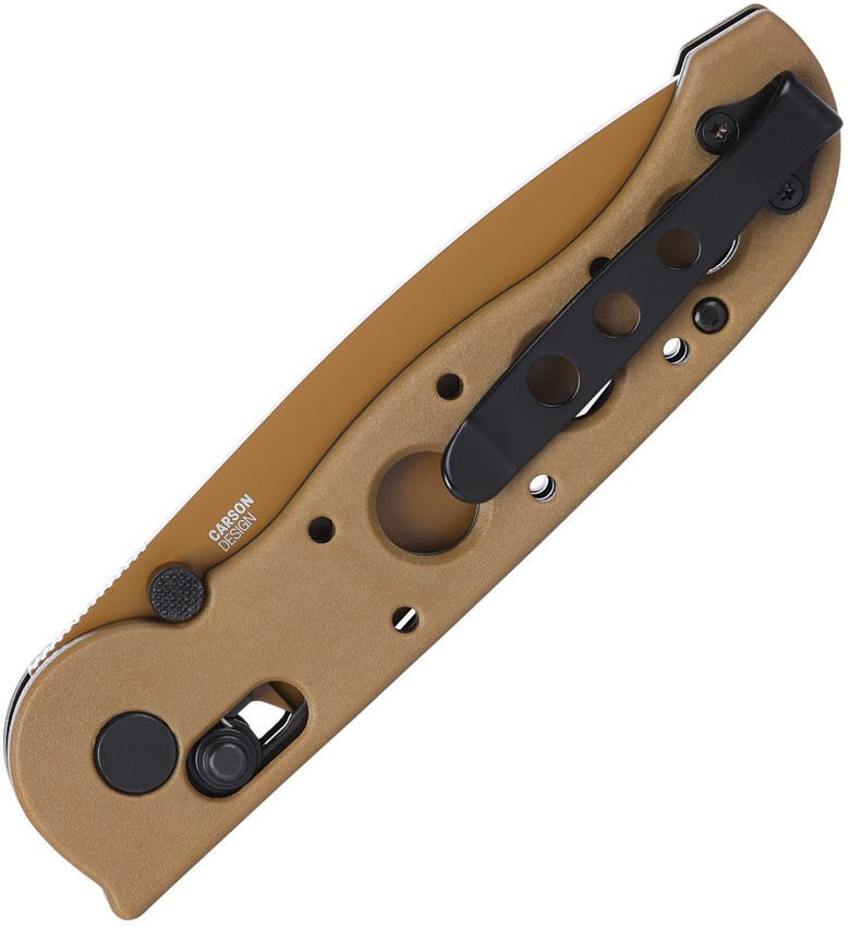 CRKT M16-02XD compact profile view showing 3.11 inch D2 stonewashed tanto blade and desert tan Grivory handle with Crossbar Lock.