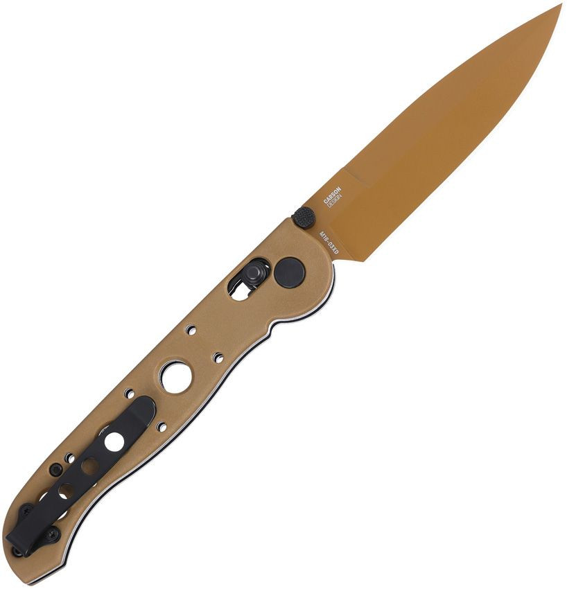CRKT M16-03XD profile view showing 3.11 inch D2 stonewashed drop point blade and desert tan Grivory handle with Crossbar Lock.