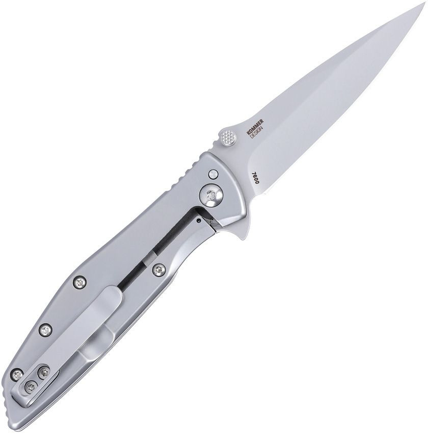 CRKT Slag 7600 profile view showing 2.95 inch D2 bead blast drop point blade and stainless steel frame lock handle.