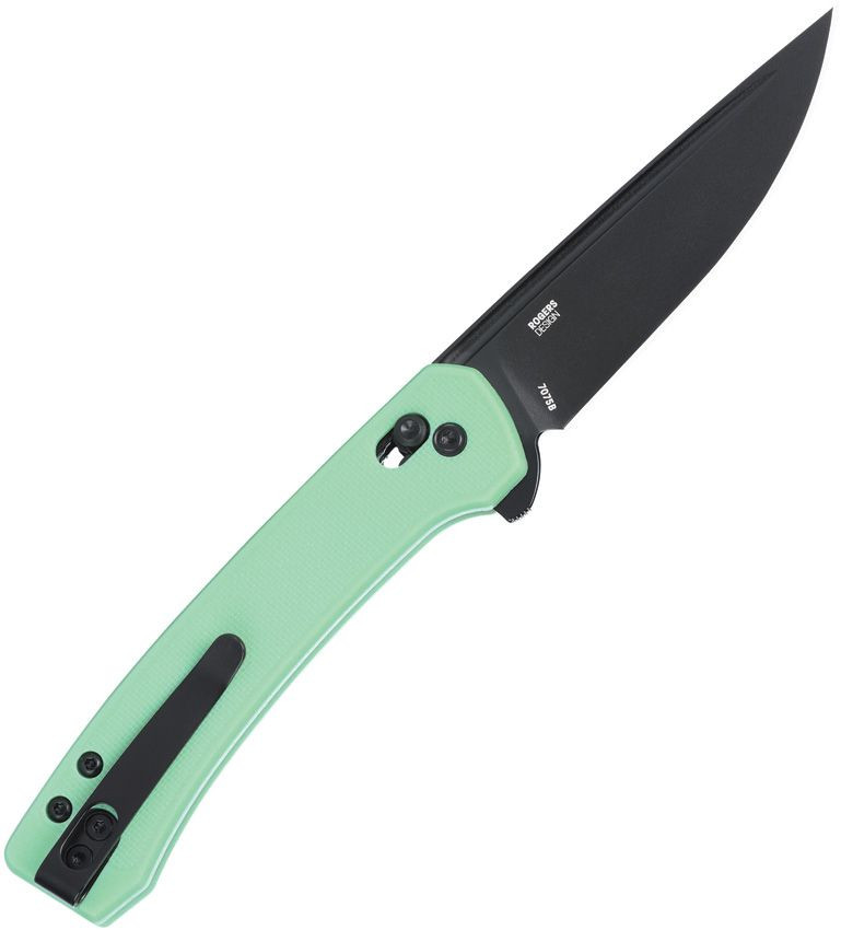 CRKT Q Compact 7075B profile view showing 3.05 inch 14C28N black drop point blade and mint green glass-reinforced nylon handle with Crossbar Lock.