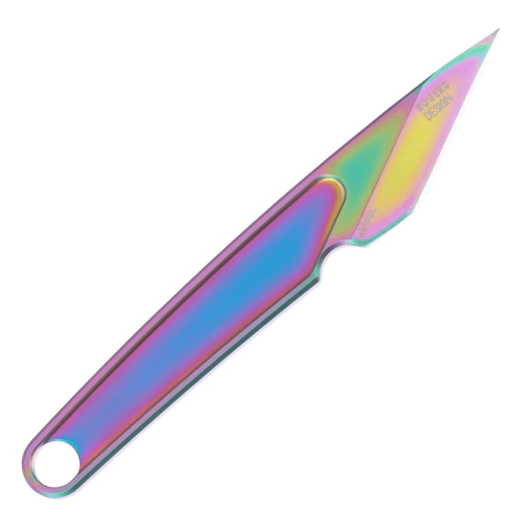 CRKT HangTi 7065P profile view showing 1.06 inch iridescent titanium kiridashi blade and matching skeletonized handle with rainbow lanyard.