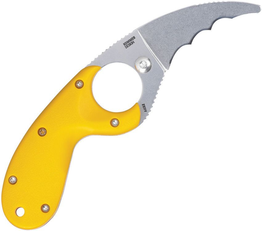 CRKT Bear Claw Rescue 2511Y profile view showing 2.39 inch AUS-8 hawkbill blade with Veff Serrations, blunt tip, and high-visibility yellow GRN handle.