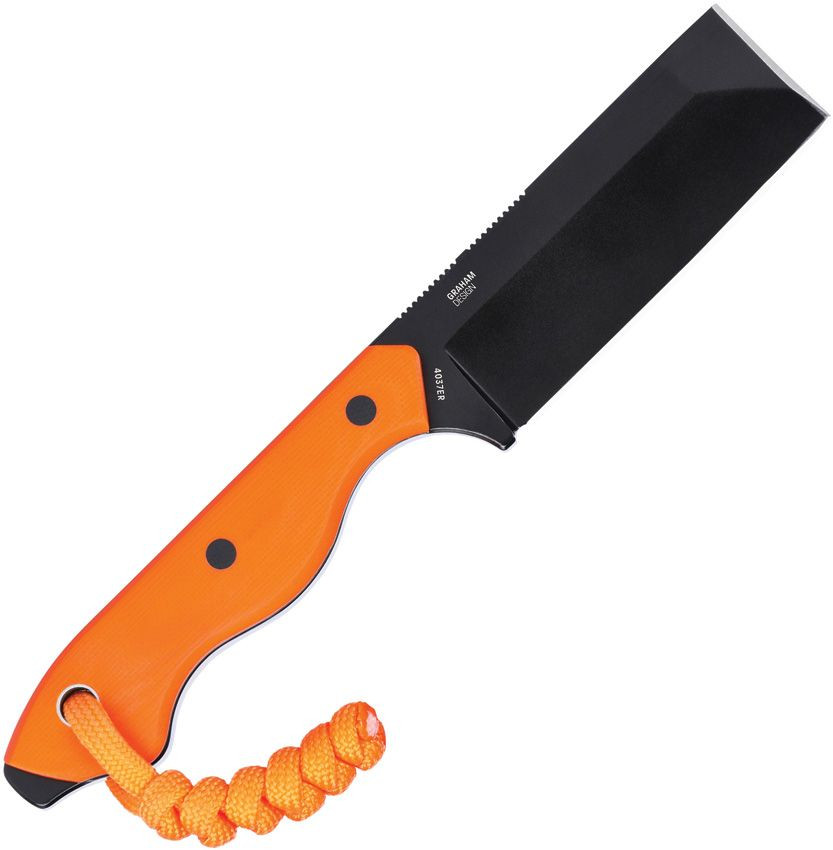 CRKT Razel Fixed 4037ER profile view showing 2.97 inch D2 black oxide chisel blade and high-visibility orange G-10 handle with lanyard hole.