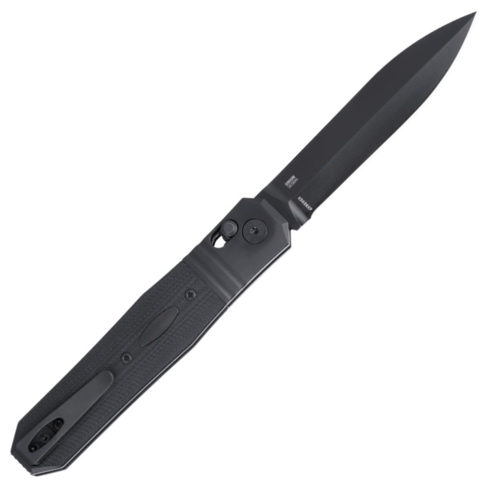 CRKT Redemption K560KKP blacked out profile view showing 4.06 inch MagnaCut black Cerakote spear point blade and black G-10 handle with Crossbar Lock.