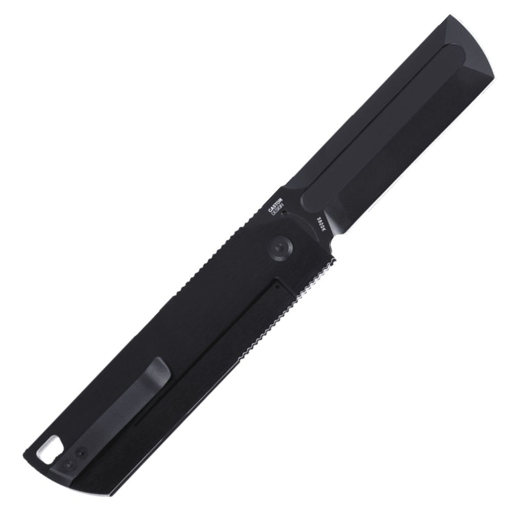 CRKT Mbombo 5920K profile view showing 3.23 inch M390 black titanium nitride cleaver blade and black titanium frame lock handle.