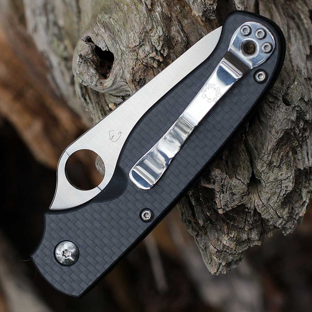 Spyderco Buttonup C275CFP carbon fiber G-10 laminate handle open view showing button lock and 8Cr13MoV satin clip point blade
