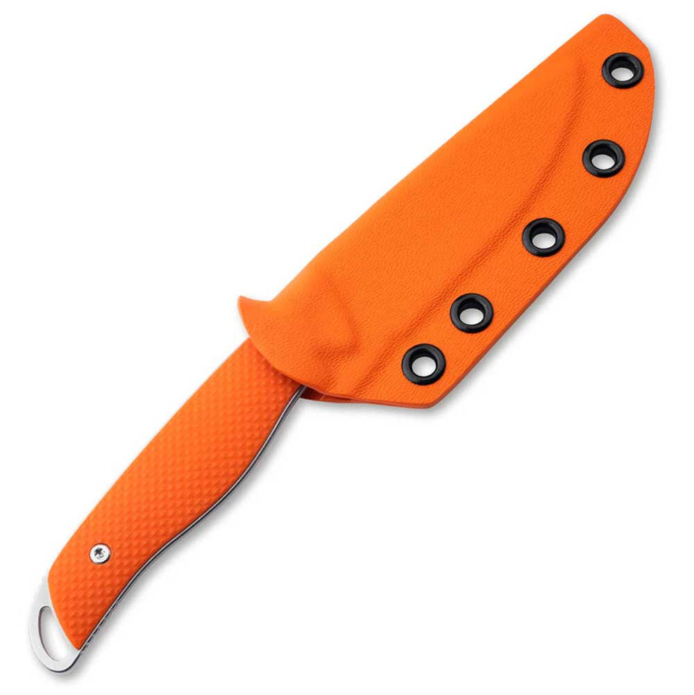 High-visibility Orange G10 handle scales on Boker USA fixed blade
