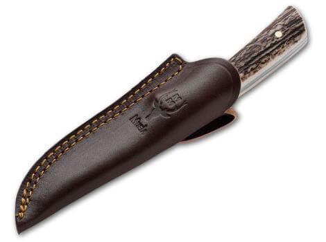 Muela REBECO-9A 02MU031 fixed blade hunting knife deer stag antler handle 3.54 inch MoVa stainless satin drop point blade with brown leather sheath