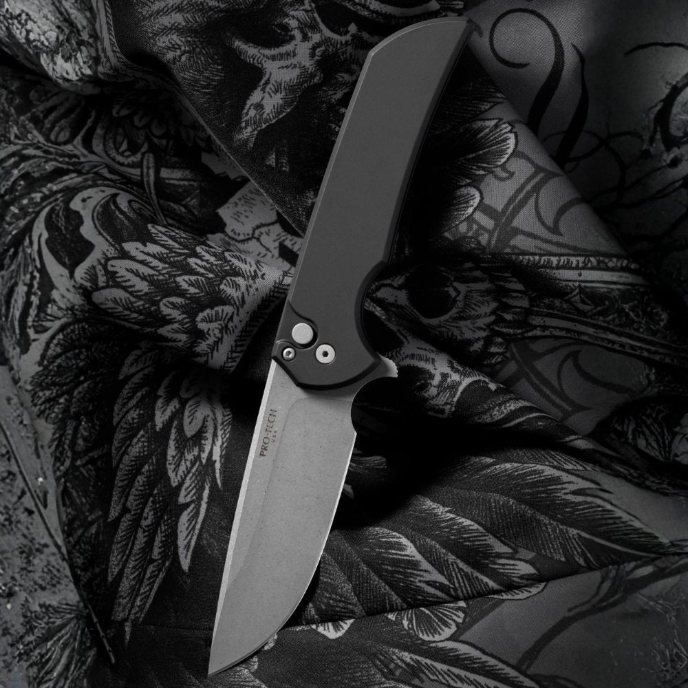 Pro-Tech Mordax MX101-AW-20CV — 3.50" CPM-20CV acid wash drop point, black aluminum handle, button lock flipper, USA made