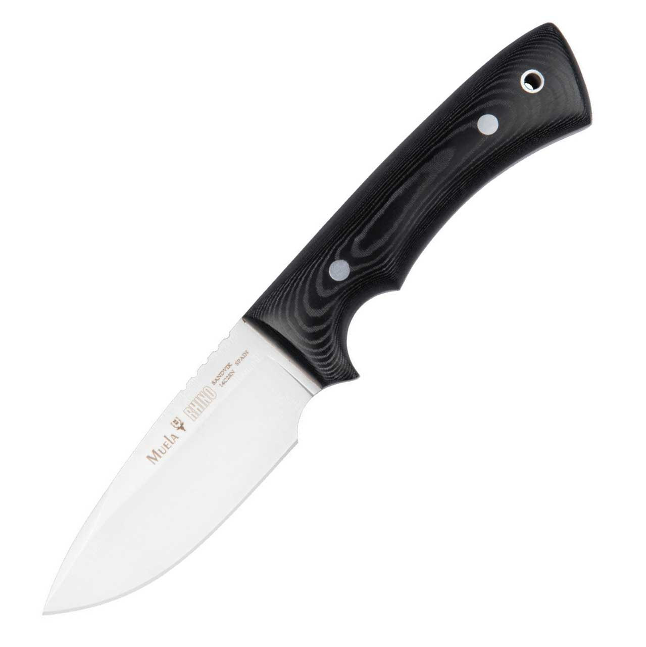 Muela Rhino-9M 02MU093 full-tang fixed blade tactical hunting knife black micarta handle 3.5 inch Sandvik 14C28N stainless satin drop point blade with black leather sheath