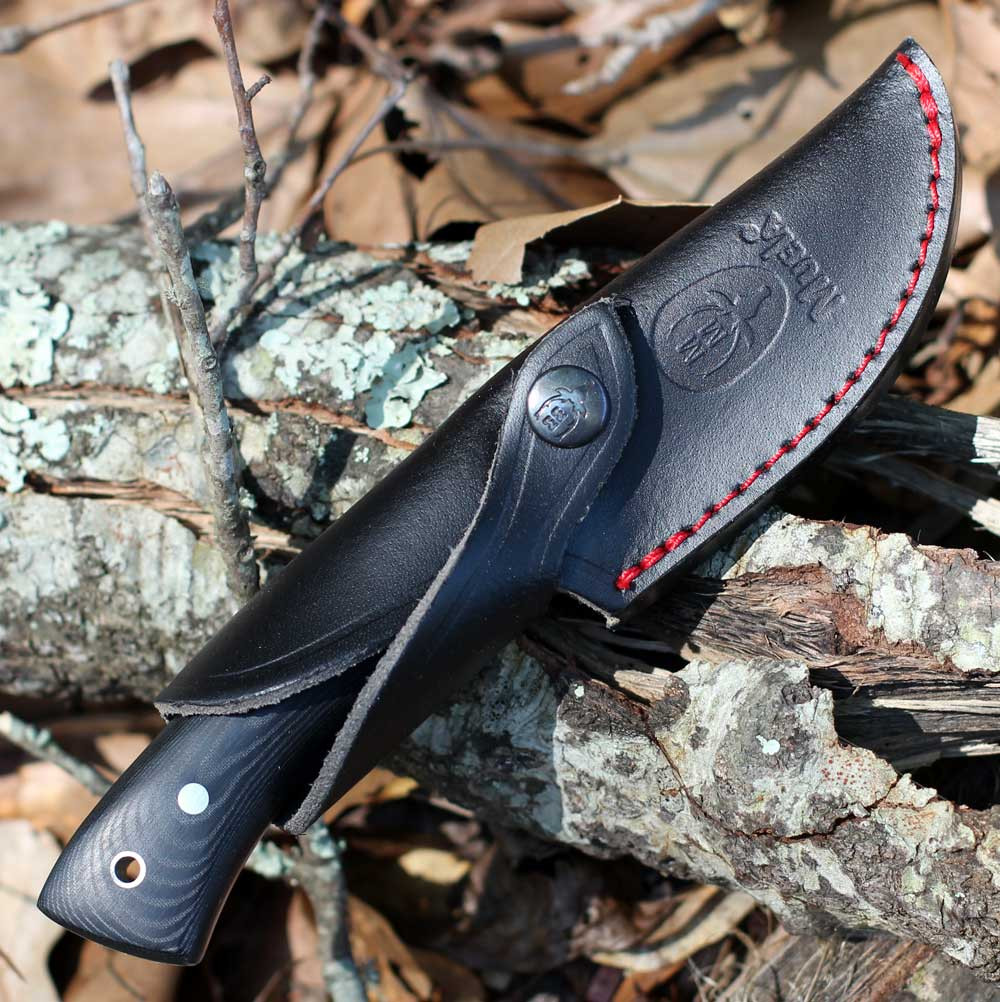 Muela Rhino-9M 02MU093 3.54 inch Sandvik 14C28N Satin Drop Point Full Tang Black Micarta Handle Black Leather Sheath Spain