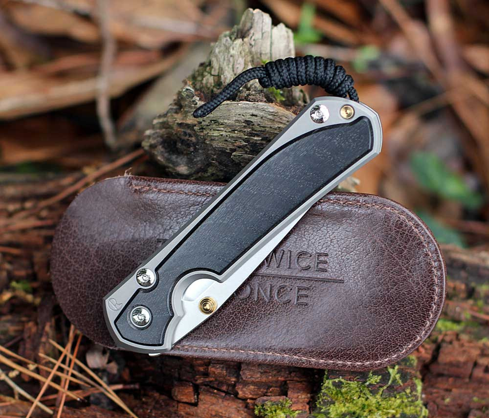 Chris Reeve Sebenza 31 Large Bog Oak close-up showing glass-blasted titanium texture and gold hardware.