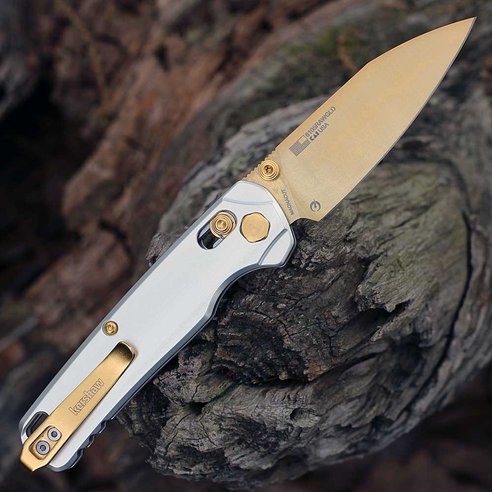 he Kershaw Bel Air Aurum Raw being deployed highlighting the smooth KVT ball-bearing action and 7.25-inch overall length.