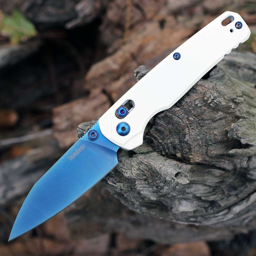 Kershaw Bel Air Wampa White 6105WBLU folding knife open showing the 3.13-inch blue MagnaCut blade and white aluminum handle.