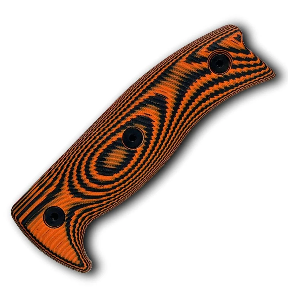 The ESEE 5 Replacement Handle (ESEE5-3D-006) shown with its 3D-contoured orange and black G-10 scales, designed as a precision-fit, high-visibility upgrade or replacement for the ESEE-5 platform.
