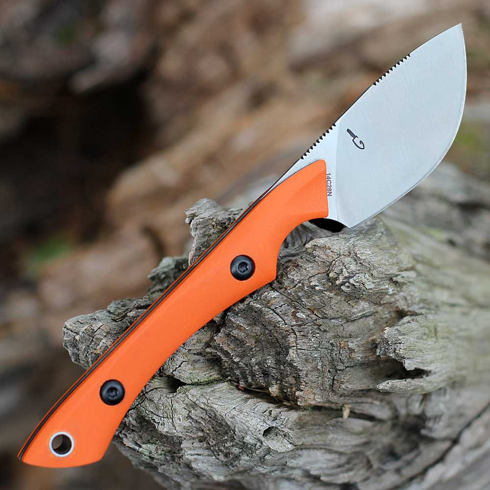 Boker Plus M.U.K. Orange fixed blade knife with 14C28N Nessmuk skinner blade.