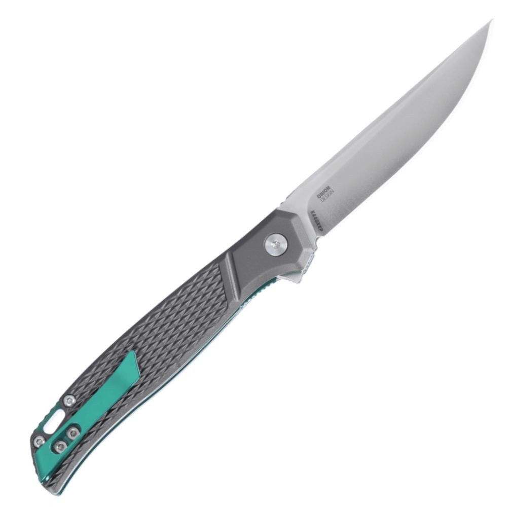 CRKT Scar K440XXP profile view showing 3.30 inch D2 satin drop point blade and silver aluminum handle with teal liners and accents.