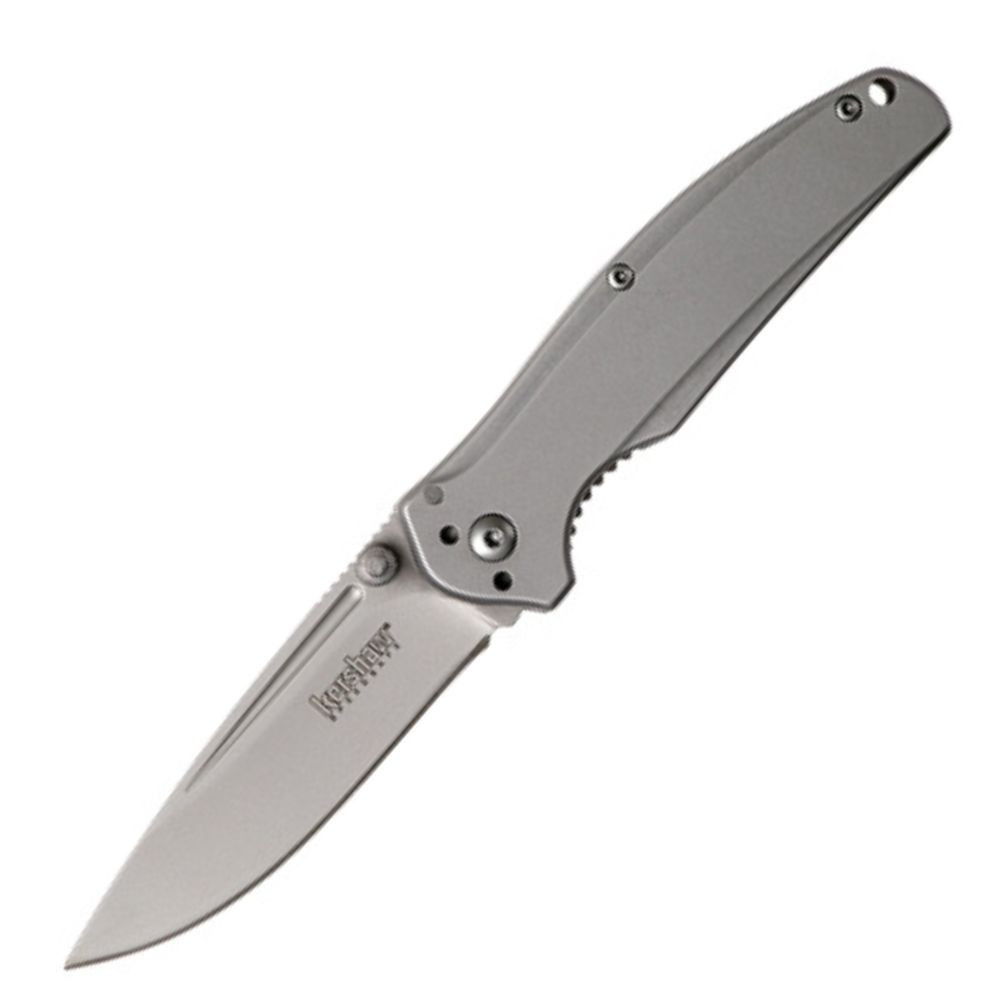 Kershaw Catalytic 1341 assisted opening knife open showing the 3-inch satin drop point blade and gray stainless steel handle.