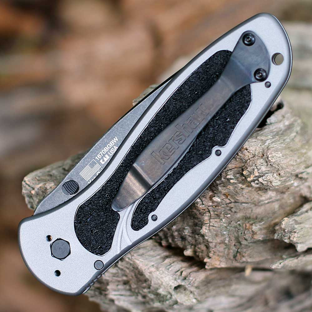 Detailed close-up of the Gray anodized aluminum handle and the black Trac-Tec traction inserts on the 1670BGBW.
