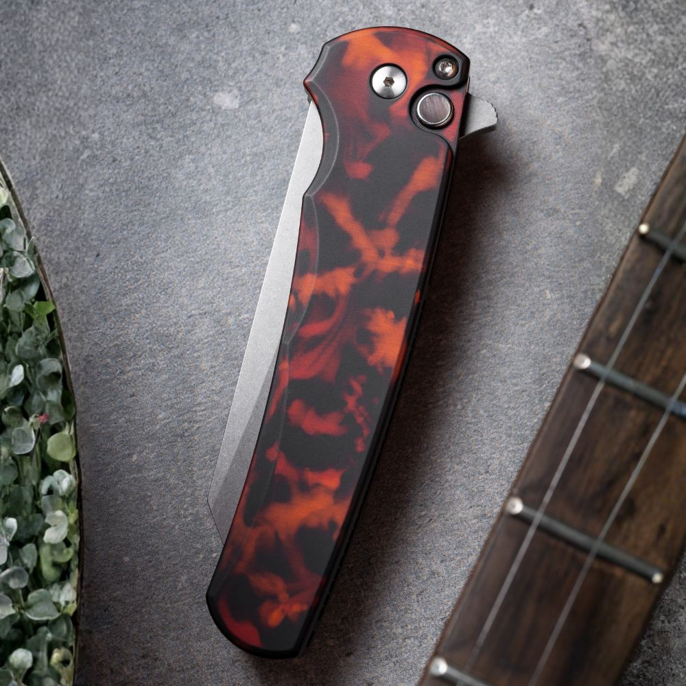 Pro-Tech Malibu 5401-DF Del Fuego rear view showing anodized aluminum handle, satin hardware, and deep carry pocket clip