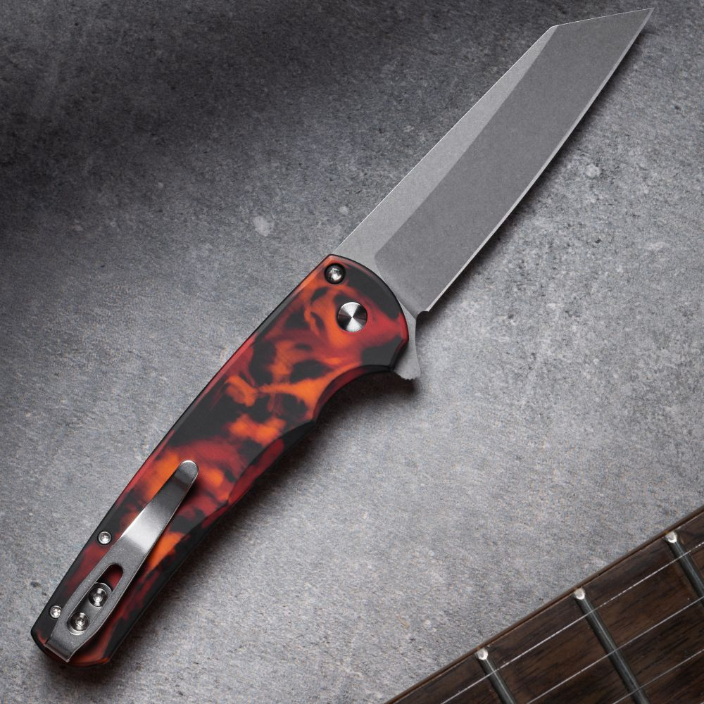 Pro-Tech Malibu 5401-DF Del Fuego button lock flipper with stonewash Magnacut reverse tanto blade and anodized aluminum handle