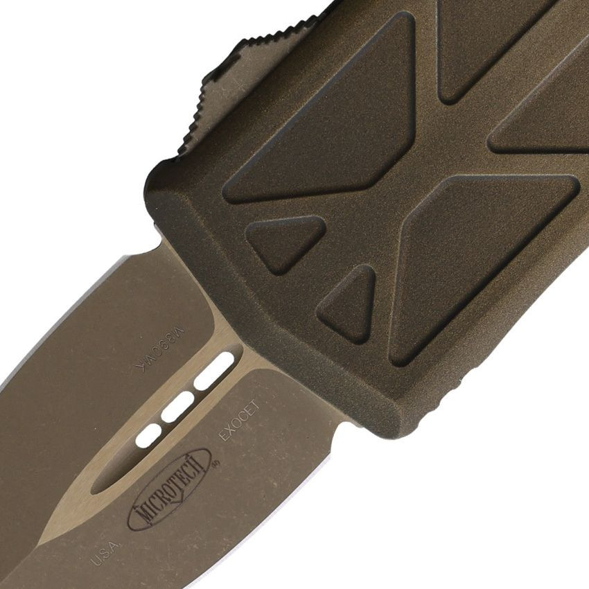 Microtech Exocet M390 blade apocalyptic finish close-up