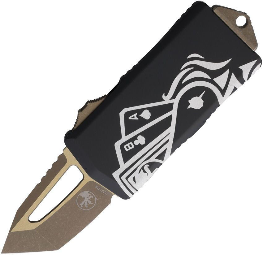 Microtech Exocet OTF knife black handle card graphic apocalyptic blade front view