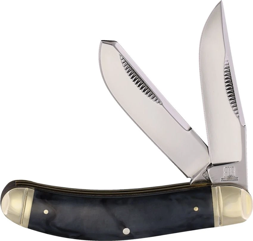 Front View: Rough Ryder Sowbelly Trapper knife open three blade 440 stainless