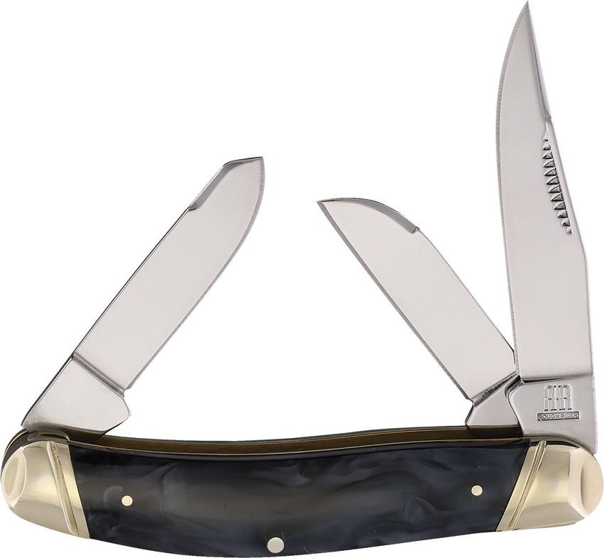 Front View: Rough Ryder Sowbelly knife open three blade 440 stainless