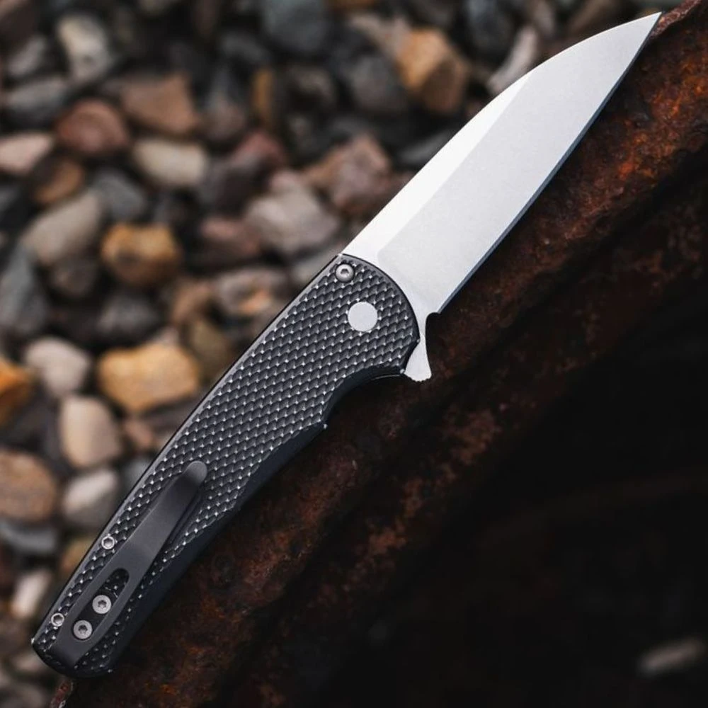 Pro-Tech Malibu 5305-BW battleworn black handle close-up, multi-stage finish texture, blasted hardware detail