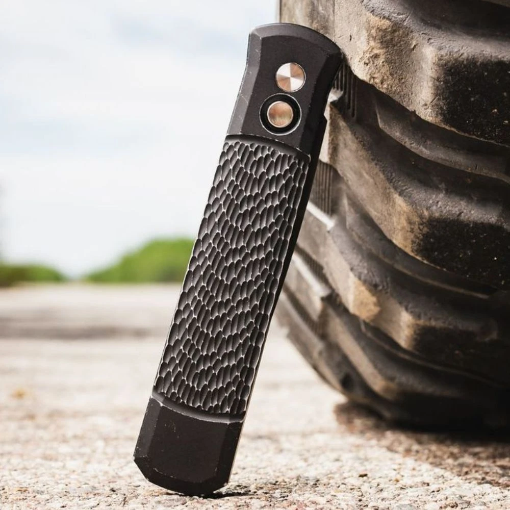Pro-Tech Godfather 926-LHBW LTD left-handed auto knife, battleworn jigged black handle, DLC blade closed