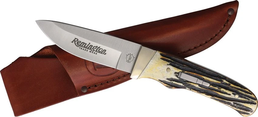 Remington 2026 King of the Mountain Bullet Knife R15698, stag bone handle, 440A blade, leather sheath