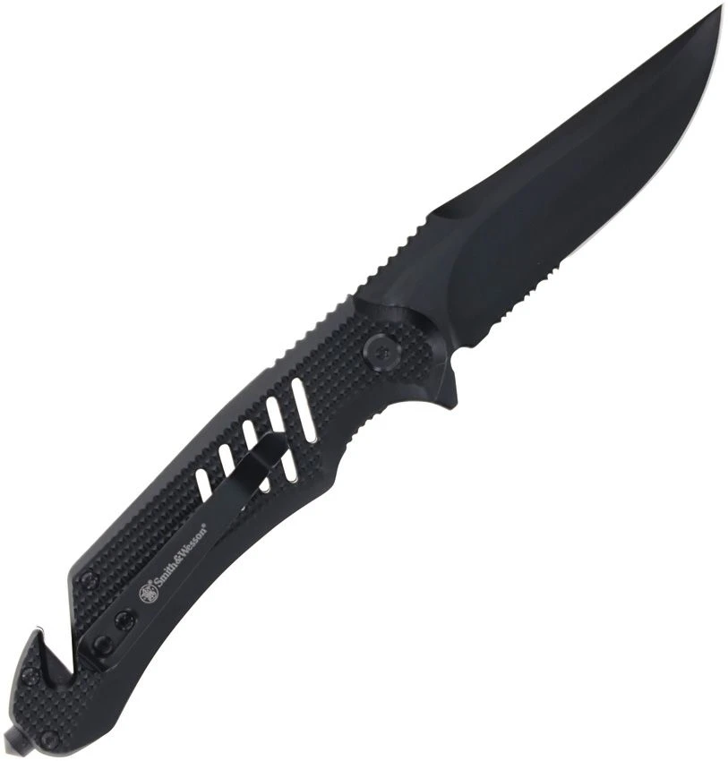 Smith Wesson Extreme Ops 3.5 inch black oxide clip point blade open, partial serration, thumb stud