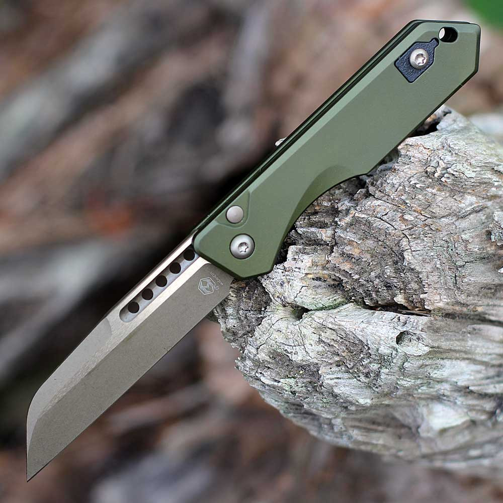 Heretic Jinn Auto H113-7A-GRN, OD Green aluminum chassis, bronze CPM-MagnaCut Wharncliffe blade open