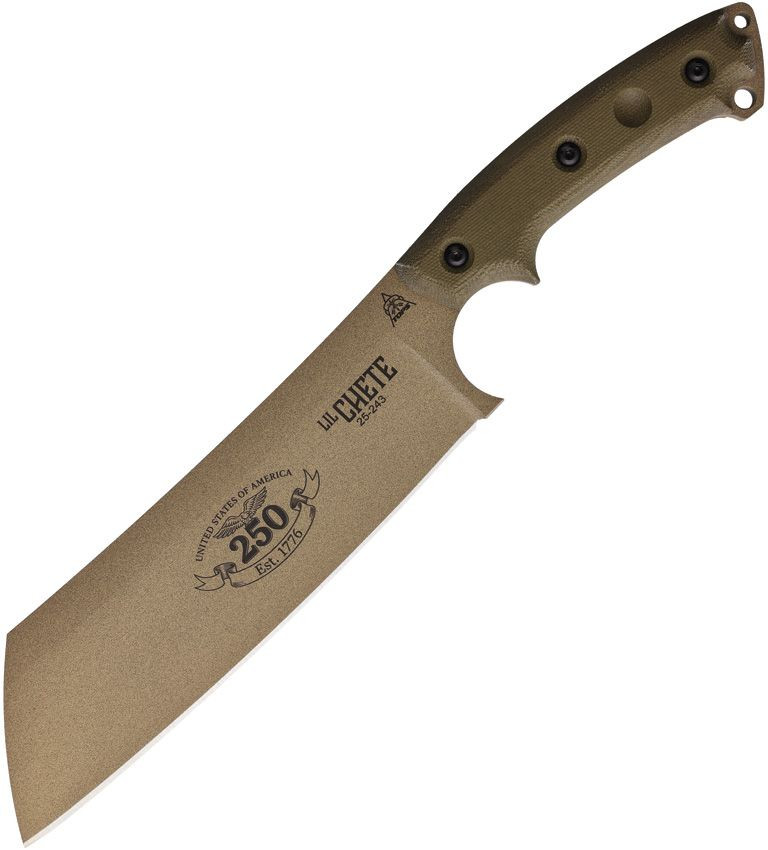 TOPS Lil Chete TPLLCH250 250th Anniversary fixed blade, 8.38 inch 1095 carbon steel blade, green micarta