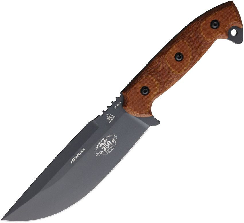 TOPS Armado 6.5 TPARM250 250th Anniversary fixed blade, 6.5 inch 1095 carbon steel, tan canvas Micarta