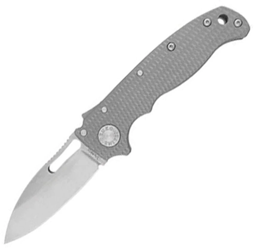 The Demko AD20.5 Shark Lock (DEM19286) shown with its 2.88-inch CPM-3V stonewash Slicer Shark recurved blade, milled gray titanium handle, Shark-Lock fin and thumb ramp, and reversible tip-up pocket clip.