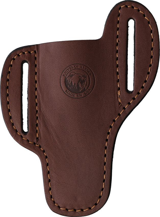 Knives of Alaska Bull Cutter stag handle with brown American leather angled belt sheath USA made