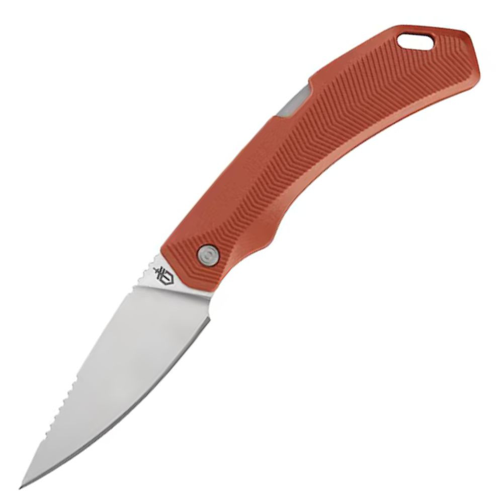 Gerber Forefront Hunt 1077129 open — 3.2" 420HC stonewashed drop point blade, orange GFN handle, white background
Desc: Gerber Forefront Hunt (1077129) shown fully open, right-side profile against a white background. Stonewashed drop point blade deployed, orange GFN handle with ribbed texture and pocket clip visible.