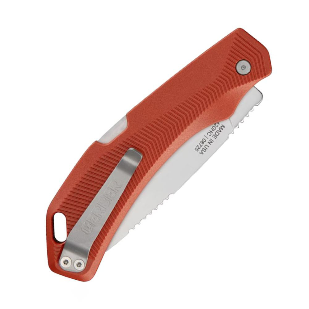 Gerber Forefront Hunt 1077129 open — 3.2" 420HC stonewashed drop point blade, orange GFN handle
 Gerber Forefront Hunt (1077129) shown open from a handle-forward angle against a white background. Orange ribbed GFN handle, lockback bar, and blade profile visible.