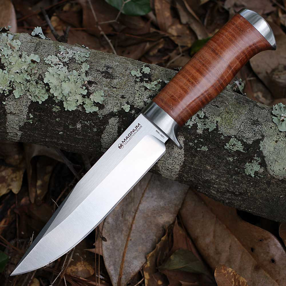 Boker Magnum Collection 2026 02MAG2026 5.94" BKR-10 Satin Drop Point Fixed Blade Brown Leather Handle Right View