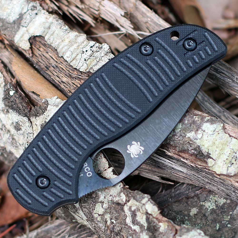 Spyderco Sage 5 Salt C123GPBKMCBK closed — black G-10 ribbed handle, Spyderco spider logo, wire clip, Round Hole visible