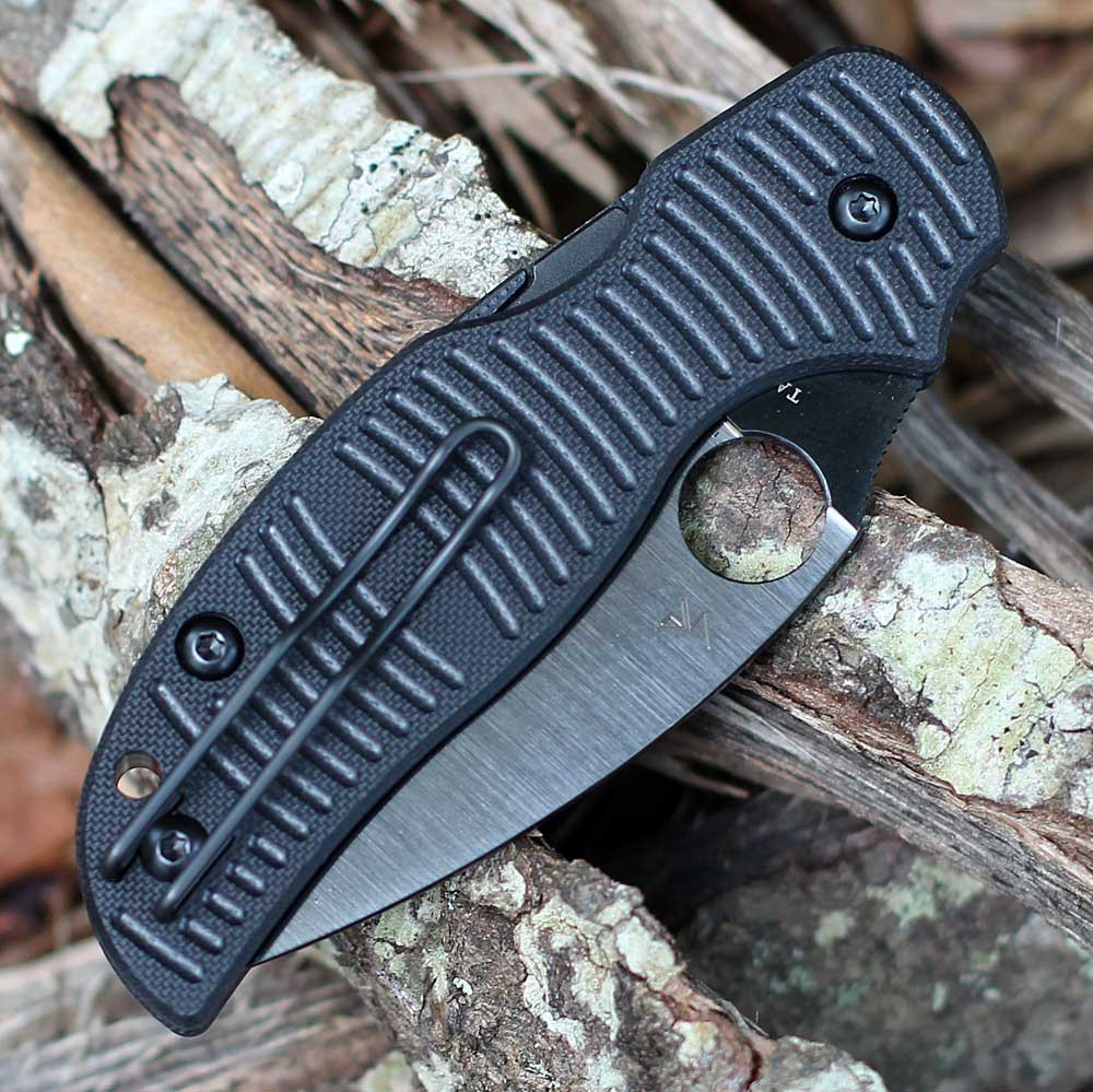 Spyderco Sage 5 Salt C123GPBKMCBK open — black G-10 ribbed handle side, Compression Lock, wire clip, Round Hole, plain edge