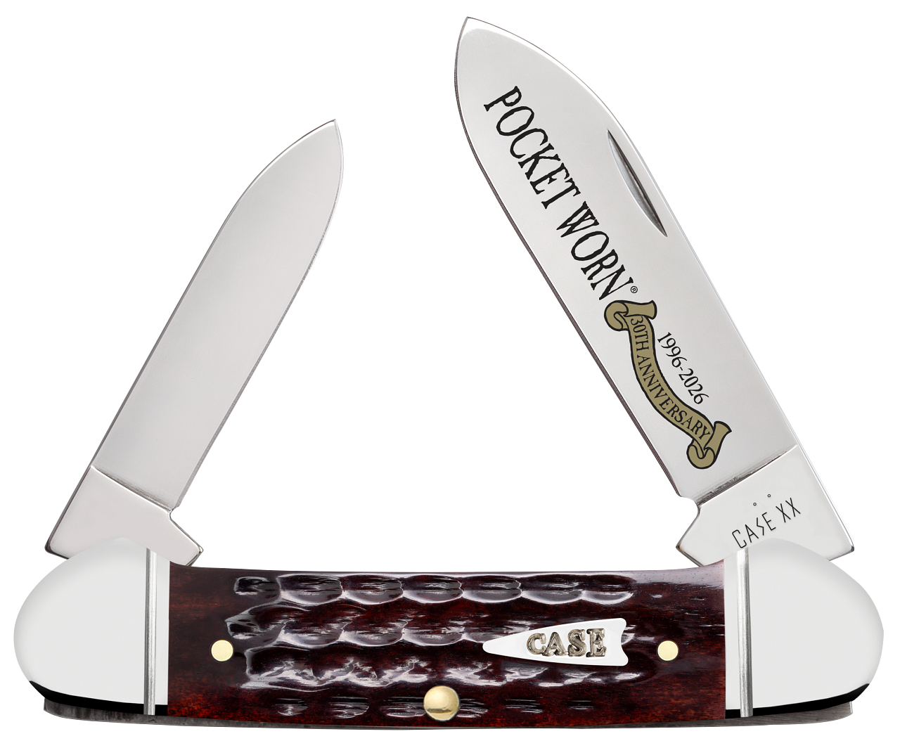 Case 55235 Pocket Worn Mahogany Bone Canoe shown open against a white background with both the spear and pen blades fully deployed. The corn cob jigged mahogany bone handle in warm red-brown tones is clearly visible, along with the fluted nickel silver bolsters, gold oval Case shield, and brass pins. The 30th Anniversary commemorative etch is visible on the main spear blade.