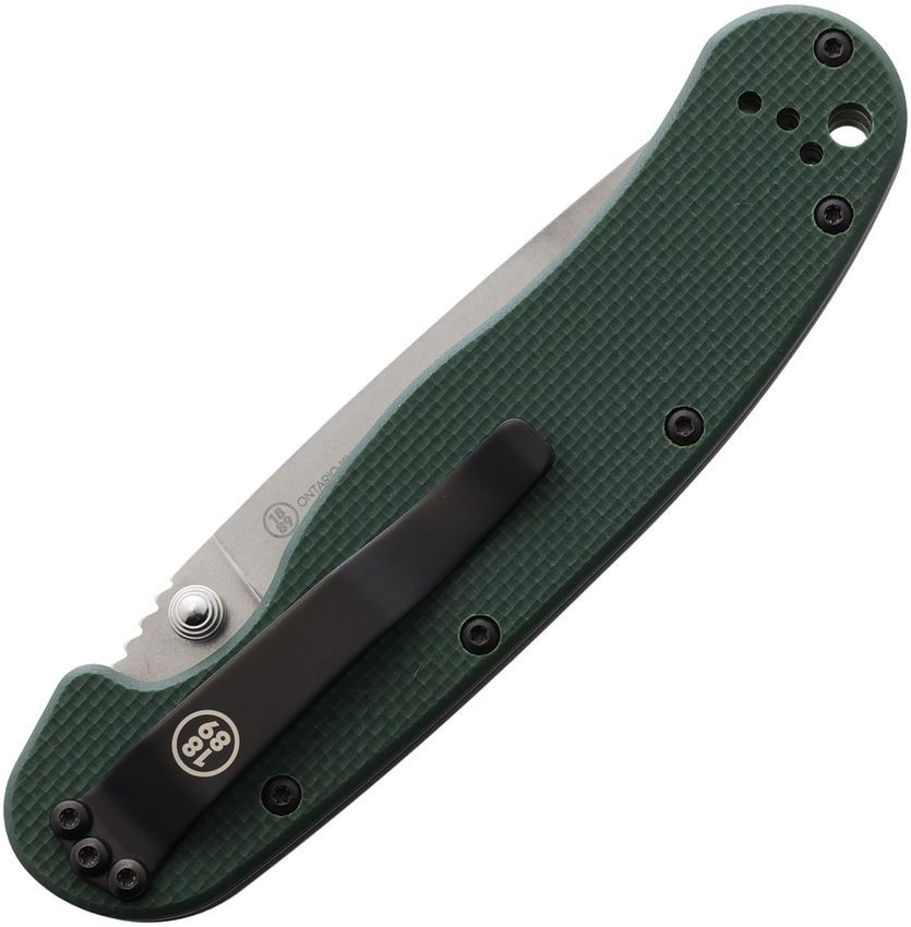 Ontario RAT 1 Linerlock ON8992 folding knife shown closed at a diagonal angle, displaying the tip of the closed blade and the forest green G10 handle with pocket clip against a white background.
