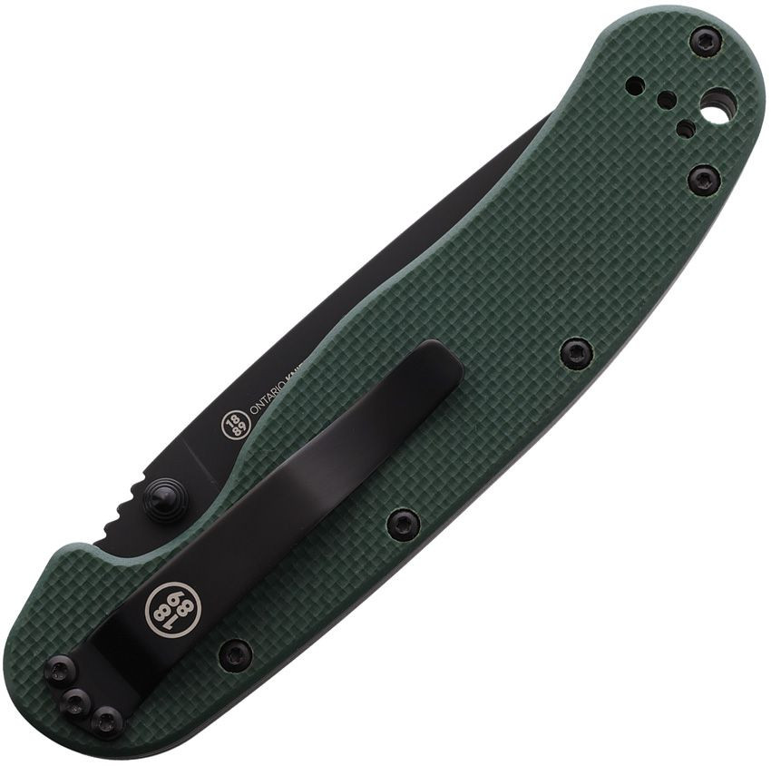 :
Ontario RAT 1 Linerlock ON8992 folding knife shown closed from above, black G10 handle scales, thumb stud, and pocket clip visible against a white background.