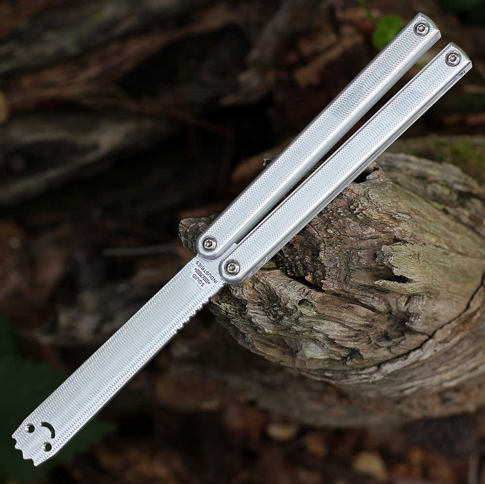 Squid Industries Squiddy-AL Trainer SQUIDDY-AL open — 6061-T6 aluminum unsharpened trainer blade, silver CNC textured aluminum monoblock channel handles