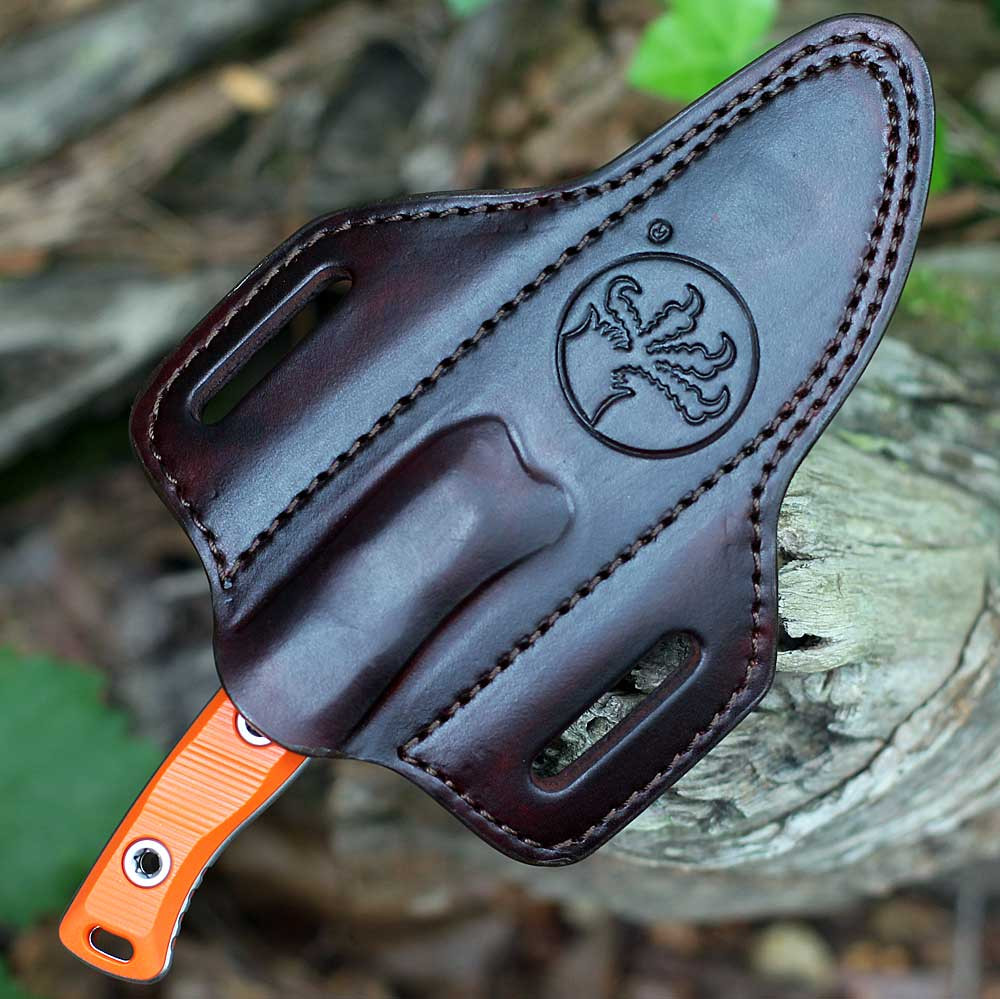 Microtech Akris - 3.70" Bohler M390MK Straight Back Stonewash Plain Edge Blade, Ember G-10 Handle, Leather Sheath- 95-10EM-1
